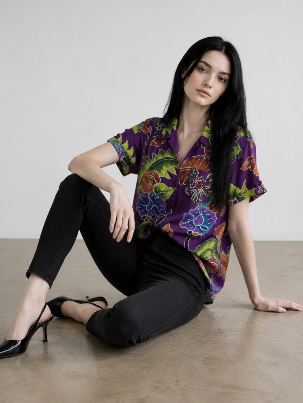 EUC Paradiso Purple Tropical Batik Sequin Shirt XL Button Down Rayon Bali Floral